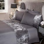 Sienna Crushed Velvet Panel Band Duvet Cover with Pillow Case Bedding Set - Silver Grey, Double