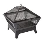 Trueshopping Square Metal Fire Pit with Mesh Lid - 24" See Through Basket Bowl Fireplace Brazier - Wood, Charcoal & Log Burner Outdoor Fire Pits for Garden BBQ, Bonfire - Griller & Poker Included