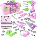 Kids Tool Set, Pink Toy Tool Set for Girls with Electric Drill, Hammer, Planer, Working Vest, Accessories and Storage Box, Construction Pretend STEM Toy Tool Kit for Toddlers Age 3 Years and Up