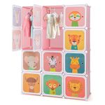 HONEY JOY Kids Wardrobe Closet, Baby Cartoon Clothes Storage Organizer, 12 Cubes & 2 Hanging Sections, Portable Children DIY Modular Bedroom Armoire Dresser Cabinet for Boys Girls (Pink, 12-Cube)