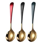 Leeonz® Soup Spoons Stainless Steel, 18/10 Round Head Soup Spoons, Modern Thick Short Handle Stainless Steel Korean Spoon, Dinner Metal Spoons for Soup, Grain,Dessert,Milk,Tea,Coffee, 7.3 Inch (3PCS)