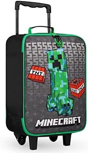 Minecraft Kids Suitcase for Boys and Girls Foldable Trolley Hand Luggage Bag Carry On Gamer Travel Bag with Wheels Size Cabin Bag Wheeled Bag with Handle Trolley Suitcase Boys, Black/Green, 46 cm (H)