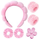 BendJoy 6Pcs Pink Hair band & Skincare Headband for Women, Soft Makeup Hairband with Towel Cloth Headband, Wristband, Velvet Hair Loop, and ABS Hair Clip