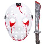 Infinity Gauntlet Jason Voorhees Mask Hockey Mask with Jason Voorhees Bloody Machete Fake Knife Scary Halloween Kills Mask Halloween Costume Props Accessory for Adults