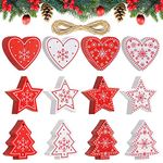 GORISEN Wooden Christmas Tree Decoration Set,60 Pcs Wood Slice Christmas Decorations Pendant Ornament Crafts Kit 3 Shape with 10m Rope white and Red Color Wooden Xmas Decorations for Christmas Tree