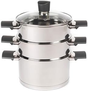 Russell Hobbs RH01170EU Excellence 3 Tier Steamer – 18 cm Cooking Pots with Tempered Glass Lid, Non-Stick Coating, Stainless Steel, Vegetable Steaming Pan, Induction Suitable, Soft Touch Handles