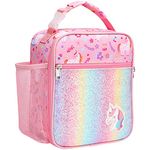 Bagseri Lunch Bag for Girls - Insulated Lunch Bag for Kids Portable Kids Lunch Box Cooler Lunch Bag for School with Bottle Holder and Water-Resistant Lining, Glitter Pink Unicorn