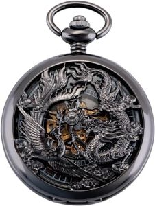SIBOSUN Mechanical Pocket Watches Mens Lucky Phoenix and Dragon Skeleton Pocket Watch Black Antique Roman Numerals Box
