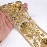 Lami 9 Meter Golden Lace Trim with Gold Sequins on Net Tissue Indian Fancy Trim Lace Border, Floral Home Furnishings Party Decoration Festival Packing Ribbons, Fashion Accessories Lace Trim