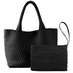 Woven Tote Bag for Women with Small Handmade Purse, Large Braided Top-Handle Bags Vegan Leather Shoulderbag (Black)