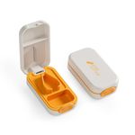 Compact Pill Cutter with Builtin Moistureproof Storage Compartment, Travel Pill Splitter with Silicone V-Shaped Holder, Small Pill Cutter with Stainless Steel Blade (Orange)