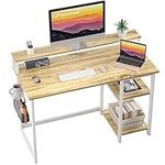 GreenForest Computer Desk with Full Monitor Stand and Reversible Storage Shelves,100cm Home Office Desk with Headphone Hook and Cup Holder, Study Writing Gaming Workstation Table,Beige