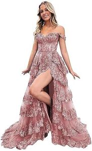 Beyonddress Scintillante Tyll Vestiti da ballo per le Donne Off Shoulder Corsetto Pizzo Lungo Formale Abiti da Sera con fessura, Rosa (Dusty Rose), 42