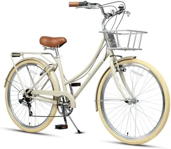AVASTA 26 Inch Hybrid Bike, Lightweight Step-Through Hi-Ten Steel Frame for City Commuting, 6 Speed Comfort Bicycle with Metal Basket in Elegant Beige with Stylish Beige Tires for Woman Female