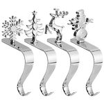BELLE VOUS 4 Pack of Silver Christmas Stocking Holder Hooks - 4 Designs Snowflake, Christmas Tree, Reindeer and Snowman - Metal Grip Clips for Xmas Stockings - Hanger Hooks for Fireplace/Mantel Decor