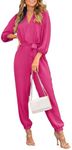 PRETTYGARDEN Jumpsuits For Women 2024 Fall Casual Dressy One Piece Outfits V Neck Long Sleeve Belt Pockets Long Pants Rompers (Rose Red,Small)