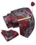 Axlon Maroon Grey Geometric Tie For Men – Formal Ties Set With Pocket Square, Cufflink, Tie Clip & Flower Pin With Gift Box For Mens (AXFBK14)