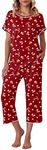 Ekouaer Women's Capri Pajama Sets Floral Print Short Sleeve Sleepwear Top and Capri Pants 2 Piece Loungewear with Pockets Red Christmas Snowflakes L