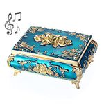 SUMNACON Metal Music Box Musical Jewelry Box Keepsake Box Case, Vintage Music Box Organizer Rose Embossed Musical Box for Christmas, Birthday, Valentines Day (Tune:You Are My Sunshine, Blue Gold)