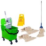 Bayersan Floor Cleaning Mopping Set 25l Bucket | Complete Mop | Mop Heads | Wet Floor Sign | Commercial | Professional Cleaner Tools (Dark Green)