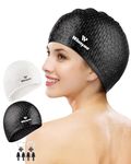 Winsyne 2 Pack Unisex Silicone Swimming Cap for Women Men, Large Size Swimming Hat for Long Hair/Braids to Keep Hair Dry, Waterproof Swim Cap for Swimming with Ear Plugs & Nose Clip Set(Black&White)