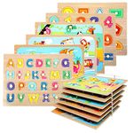 Wood City Toddler Puzzles and Rack Set, Wooden Peg Puzzles Bundle with Storage Holder Rack, Educational Knob Puzzle for Kids Age 3 4 Years - Alphabet Number Shape Dinosaur Animal Vehicle