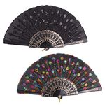 Morices 2 Pcs Sequin Folding Fans, Elegant Embroidered Flower Peacock Pattern Handheld Fan, Decorative Hand Fans for Dancing Wedding Party Favors Gift Wall Hanging Decoration (Black + Colorful)