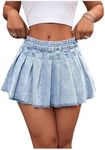 MakeMeChic Women's Pleated Denim Skirt Low Waist Raw Hem A Line Zipper Mini Jean Skirt Light Blue Medium