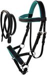 CHALLENGER Horse Western Leather Teal Padded Bitless Sidepull Bridle Reins 77RS33TL-F