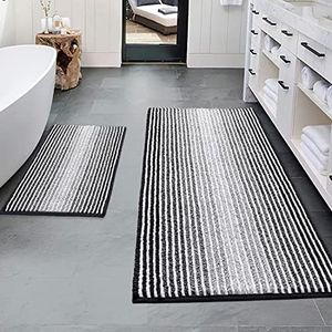 BSICPRO Bathroom Rugs and Mats Sets, 2 Piece Thick Absorbent Chenille Bath Mat Rug Set Non Slip, Soft Shaggy Bath Room Floor Mats for Bathroom, Machine Washable (20" x 47" Plus 16" x 24", Black)