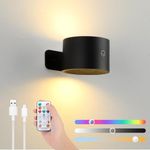 Lightess UP Down Light Source LED Wall Sconces, 19 Colors Dimmable Wall Mounted Lamp with Rechargeable Battery Operated USB, RGB Ambient Light, Touch Remote Control, Cordless Wall Light, Black