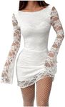 MakeMeChic Women's Leopard Print Dress Y2k Backless Mesh Bell Sleeve Mini Cheetah Print Dress White Lace Medium