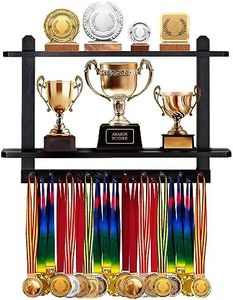 LAVIEVERT Wooden Medal Hanger & Trophy Shelf, Wall-Mounted Race Medal Display with 2 Tier Storage Shelf, Medal Holder Trophy Rack with 19 Hanging Bars - Black