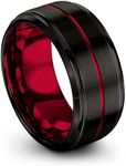 P. Manoukian Tungsten Wedding Band Ring 10mm for Men Women Red Interior Red Center Line Step Bevel Edge Brushed Polished Size 12.5