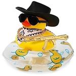 Duck for Cars, Rubber Duck for Car Dashboard, Squeaky Duck Bath Toy Yellow Duck Car Ornament Fun Cowboy Duck Car Accessories Car Dashboard Decorations with Swim Ring Hat Glasses(Style 3)