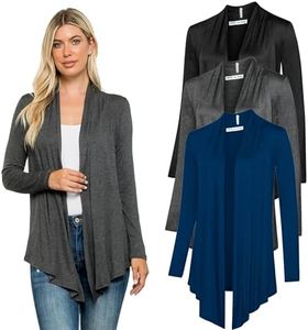 Free to Live 3 Pack Long Sleeve Cardigan for Women Open Front Dressy Casual Lightweight Sweaters (Large, Black, Charcoal, Navy)