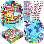International World Flags Party Supplies, 120 Pcs International Flags Decorations Paper Plates and Napkins Set with Cups and Straws for Travel Trip Around The Globe Party, Serves 24