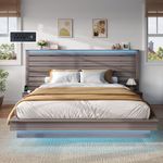 AMERLIFE Queen Floating Bed Frame with 96" Extended Headboard & Bedside Storage Shelf, Farmhouse Wood Platform Bed with LED Lights & Charging Station, No Box Spring Needed/Noise Free Taupe