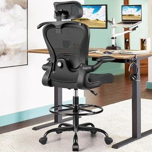 AtHope Drafting Chair, Tall Office Chair with 3D Lumbar & Head Support, Ergonomic Mesh Standing Desk Chair with Footring, Comfy Extended High Desk Chair with Flip-Up Arms & Hanger (Black)