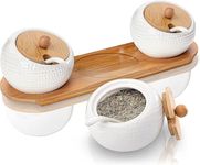 OLWICK® Porcelain Spice Jar Set, Ceramic Condiment Jar with Bamboo Lid and Serving Spoon, Spice Jars Container for Sugar, Salt, Flour, Coffee, Spices, White Seasoning Box for Home, Kitchen, Set Of 3