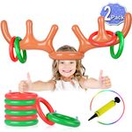 2 Set Inflatable Reindeer Antler Game, (2 Inflatable Antler, 12 Rings Reindeer Ring Toss) Inflatable Reindeer Antler Hat with Rings, Family Christmas Party Games