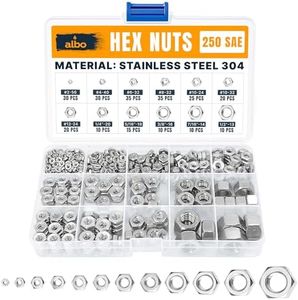 250 PCS SAE Hex Nuts Assortment – Stainless Steel 304 Hardware Set (#2-56 to 1/2"-13) – SAE Nut Assortment in Organizer Box – 1/4 20 Nut, 3/8 Nuts, 1/2 Nuts, etc.