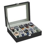 SONGMICS Watch Box with 10 Slots, Watch Case with Glass Lid, Watch Display Box with Removable Watch Pillows, Metal Clasp, Gift Idea, Black Synthetic Leather, Greenish Grey Lining JWB010BK