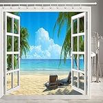 JOOCAR Design Shower Curtain, Palm Tree Decor Ocean Beach Seascape Through White Wooden Windows Summer Scene Tropical Island Blue Green, Waterproof Cloth Fabric Bathroom Decor Set with Hooks