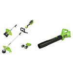 Greenworks 2 X 24V cordless brushless trimmer brush cutter, attachment capable include 2 x 4Ah battery, dual slot charger & 24V Axial Leaf Blower G24AB Tool Only