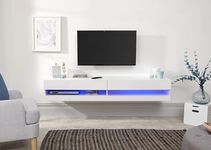 GFW Galicia Wall Mounted High Gloss Featuring A LED Downlight, This Floating TV Unit Console & Television Stand for Living Entertainment Room with Storage Shelves, Melamine, White, 180cm