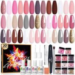 Modelones 32 Pcs Dip Powder Nail Kit Starter, 20 Colors Pink White Nude Glitter Spring Collection Neutral Acrylic Dipping Powder Essential Liquid Set with Base Top Coat Activator for French Nail Art Manicure DIY Salon Beginner Kit Valentine's Day Gift, NO Need Nail Lamp Cured