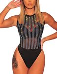 ADEWEL Women's Sleeveless Stretchy Sheer Mesh Leotard Bodysuit Jumpsuit Tops（Black，Large）