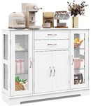 Costway Buffet Sideboard w/Glass Door, Kitchen Storage Organizer w/ 2 Drawers & 3 Cabinets, Multifunctional Display Cabinet Console Table w/ 5 Adjustable Shelves for Kitchen Living Room White