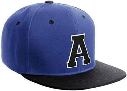 Daxton Classic Snapback Hat Custom A to Z Initial Varsity Letters, Royal Black Hat White Black Letter A
